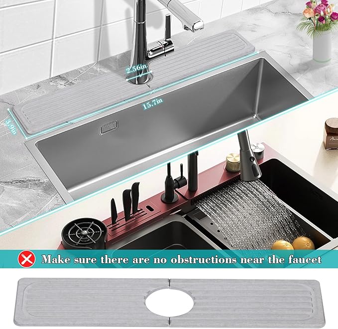 Stone Faucet Mat for Kitchen Sink, 15.7" Diatomite Drying Stone Kitchen Sink Mat Super Absorbent, Stone Kitchen Sink Splash Guard, Sink Stone Quick Dry Around Faucet for Kitchen Bathroom Counter