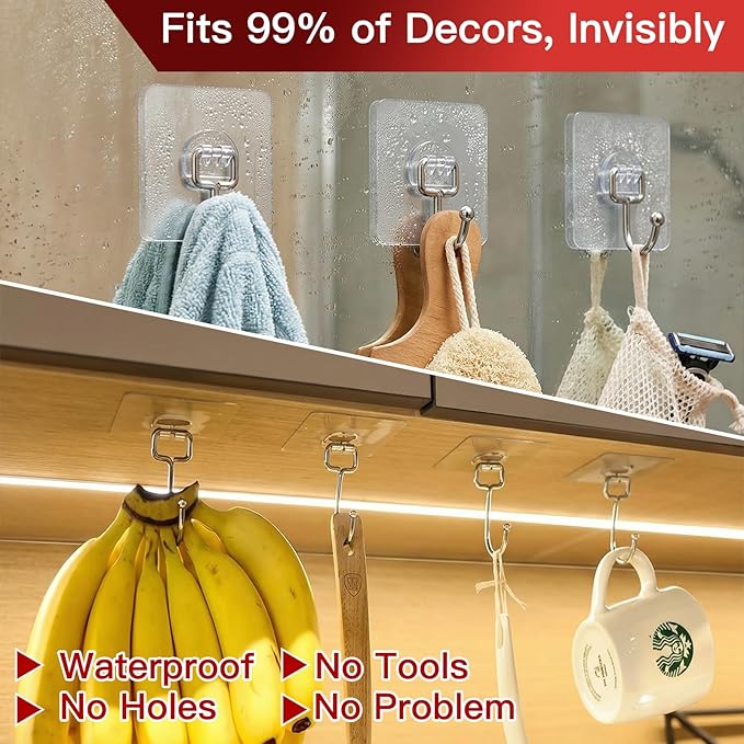 Large Adhesive Hooks 12-Pack, Heavy Duty Wall Hooks for Bathroom, Kitchen, Outdoor, Strong Self-Adhesive Towel & Coat Hooks, Waterproof Transparent Utility Hooks for Home Improvement
