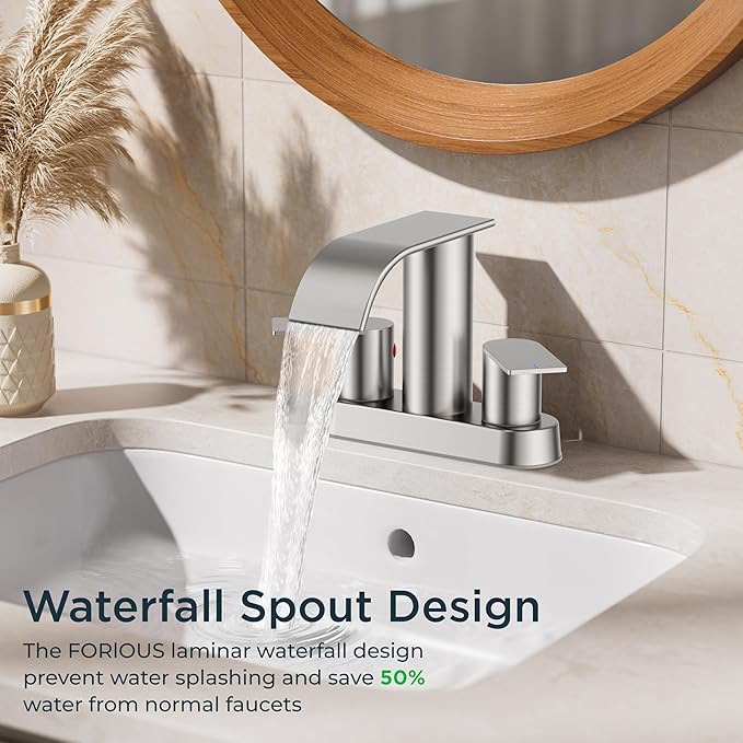 FORIOUS Brushed Nickel Bathroom Sink Faucet, Waterfall 4 Inch Centerset Bathroom Faucets with Metal Pop up Drain and cUPC Hose for Basin, Vanity, RV, Pedestal 2 or 3 Hole Sink, 2 Pack