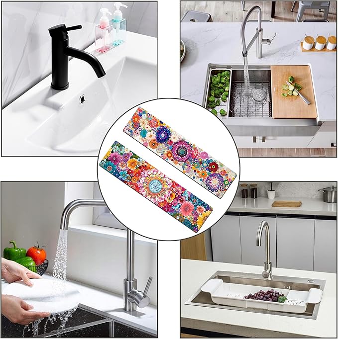 Bimkole 2 PCS Faucet Absorbent Mat, Kitchen Faucet Sink Splash Guard Wraparound Cloth Pads Drip Catcher for Sink Faucet for Kitchen Bathroom Faucet, Colorful Faucet Mat, 15 x 4 Inch Flower A3