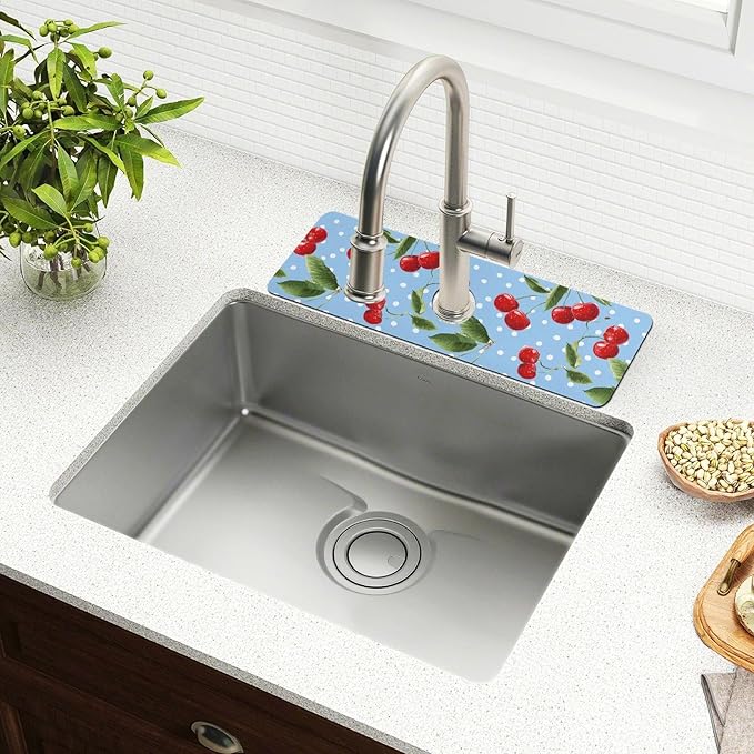 Kitchen Sink Splash Guard 2 PCS 30 Inch Sink Faucet Mat Splash Guard for Bathroom Countertop Water Absorbent Foldable Cuttable Soft Washable Light Blue Dots Red Cherry