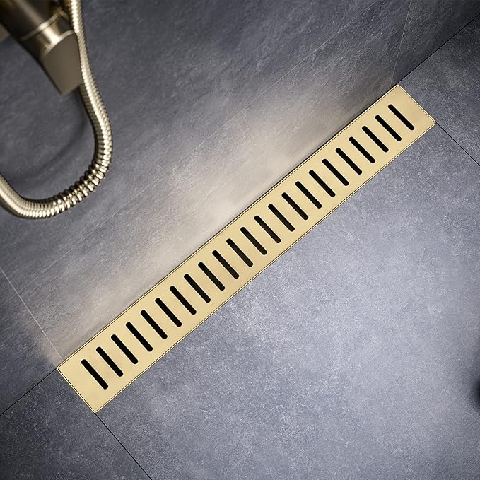 Linear Shower Drain 36 inch, Floor Drain with Removable Pattern Grate, 304 Stainless Steel Rectangular Linear Drain with Hair Strainer, CUPC Certified, Brushed Gold, SD-104