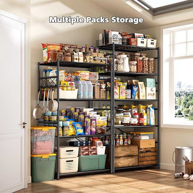 Metaling Shelving 5 Tier Shelf Organizer with Hooks,Storage Shelves Heavy Duty Garage Shelves Unit with Leveling Feet,Wire Shelving for Pantry, Kitchen and Closet,23.6" W x 13.8" Dx72.4 H