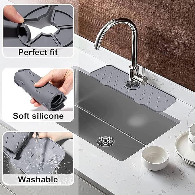 Silicone Sink Splash Guard & Water Catcher Mat, Adjustable Faucet Drip Mat for Kitchen & Bathroom, Gray, 14.56 x 5.51 Inches (2)