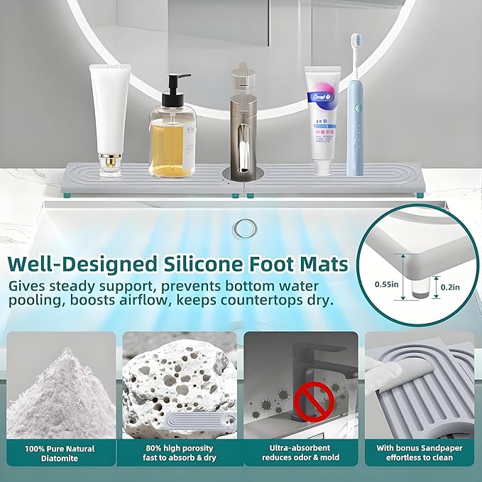 Diatomite Stone Faucet Mat for Kitchen Sink(23.6" x 3.9")- Super Absorbent & Quick-Drying Sink Faucet Mat, Durable Kitchen/Bathroom Sink Protector Sink Stone Quick Dry Around Faucet Christmas Gifts