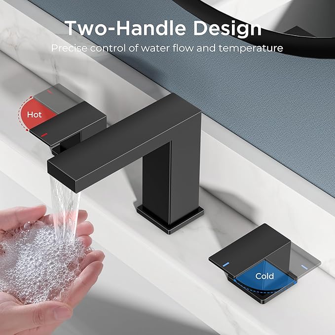 FORIOUS Waterfall Black Bathroom Faucet 3 Hole, 8 Inch Widespread Matte Black Waterfall Faucet for Bathroom Sink 3 Hole with Metal Pop-Up Drain and Supply Lines for Restroom, Lavatory, Vanity