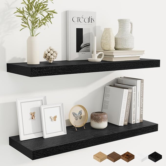 Fun Memories Floating Shelves for Wall, 30 Inch Rustic Wood Wall Mounted Shelves for Bathroom, Bedroom, Kitchen, Living Room, Deep Floating Shelves for Storage & Home Decor (Black, Set of 2)