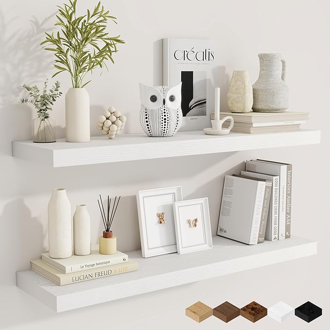 Fun Memories 36 Inch Floating Shelves, 9.3 Inch Deep Rustic Wall Shelves - Extra Deeper Wall Mounted Storage Shelves for Bathroom, Kitchen, Living Room (White, Set of 2)