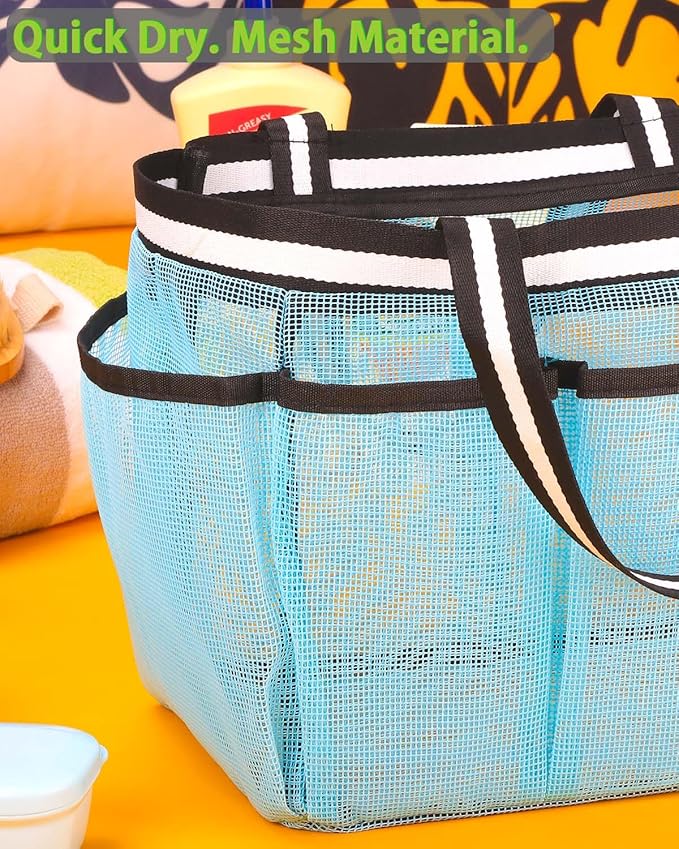 Ocim Large Portable Mesh Shower Caddy Bag Tote for Big Size Shampoo Bottles, Collapsible Quick Dry for College Dorm, Camping, Beach Pool Bathroom, Lake Blue