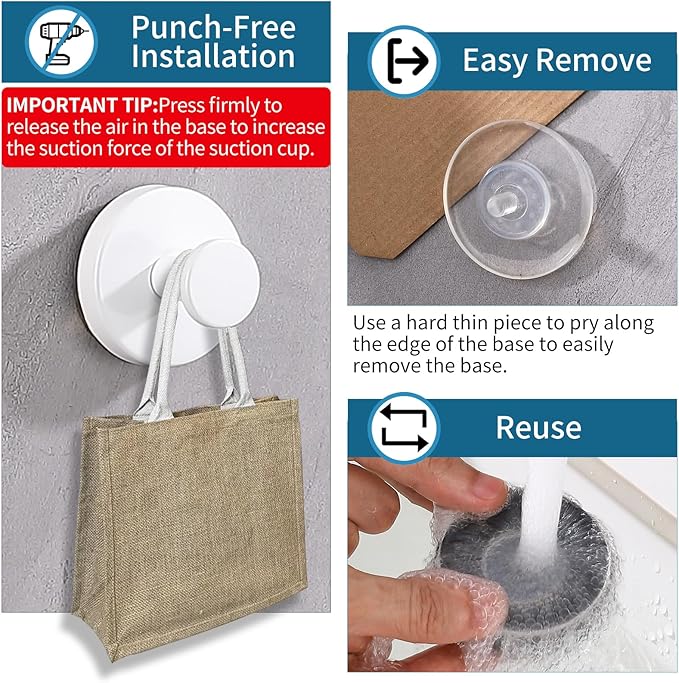 Suction Cup Hooks for Shower 2 Pack Stainless Steel No Drill Removable Waterproof Rustproof for Bathroom Kitchen Glass Mirror Tile to Hang Towels Robes Loofah Wreath (White)