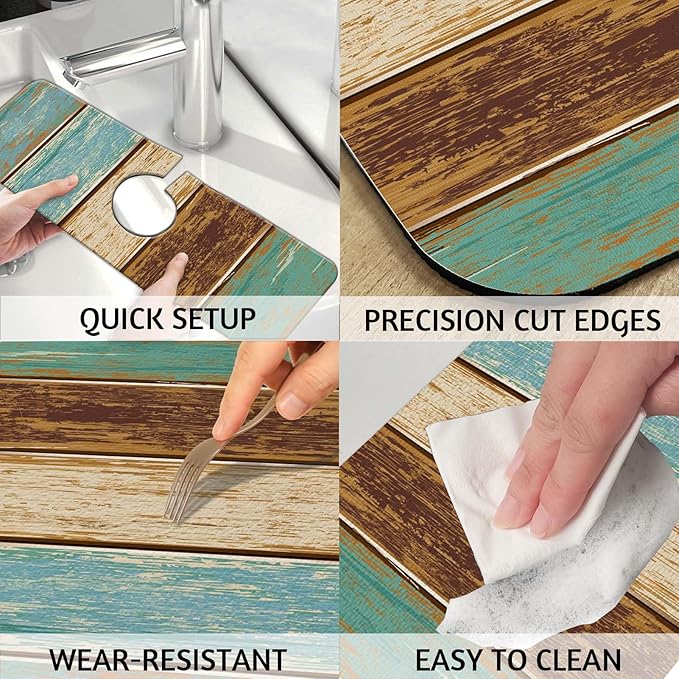 MCALK Wood Pattern Teal Kitchen Sink Faucet Mat Splash Guard, Absorbent Quick-Dry Kitchen Sink Mat - Ideal for Splash Guard & Drip Catching with Farmhouse Art Decor( 1pc 15"x5.5")