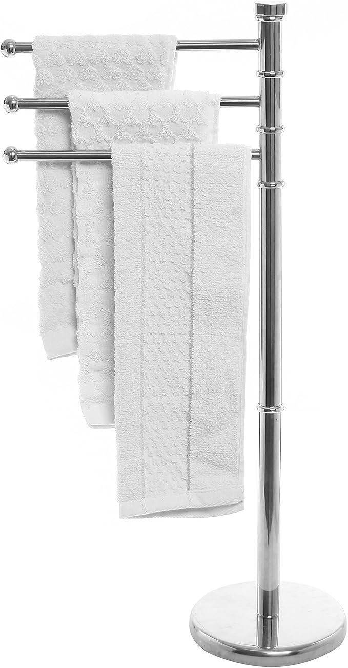 MyGift 38 Inch Silver Metal Freestanding Towel Rack for Bathroom with 3 Swivel Arms and Sturdy Round Base
