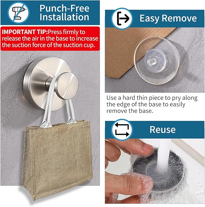 Suction Cup Hooks for Shower 2 Pack Stainless Steel No Drill Removable Waterproof Rustproof for Bathroom Kitchen Glass Mirror Tile to Hang Towels Robes Loofah Wreath (Brushed Silver)