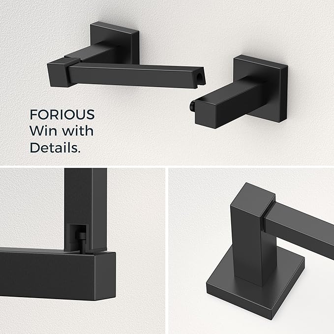 FORIOUS Toilet Paper Holder Wall Mount and Hand Towel Ring Set, SUS 304 Stainless Steel Double Post Pivoting Tissue Roll Holder, Modern Bathroom Hardware Accessories Set, Matte Black (Pack of 2)