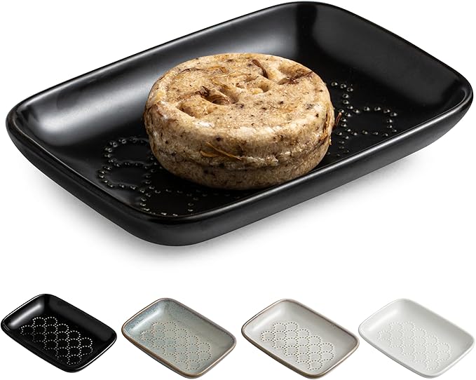 Gomakren Ceramic Soap Dish with Raised Scalloped Design, Versatile Soap Holder & Tray for Bathroom and Kitchen Sink, Prevents Soggy Soap, Rustic Modern Decor, Easy to Clean, Black (5.59" x 4.02")