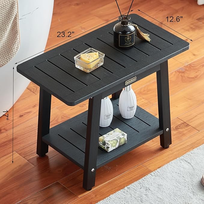 HDPS Shower Bench Seat for for Inside Shower, Waterproof Shower Stool, Heavy Duty Bathroom Poly Shower Chair Seat for Shaving Legs, 2 Tier Black Shower Foot Rest Stool with Adjustable Feet, Non-Slip
