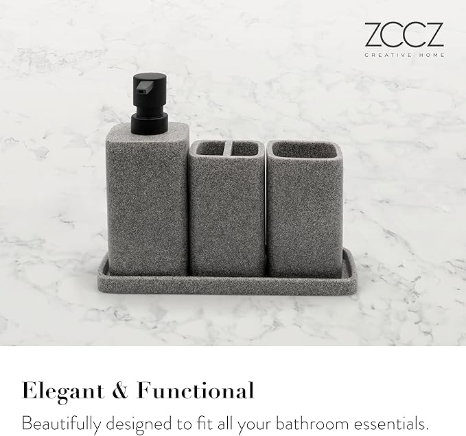 ZCCZ Grey Bathroom Accessory Sets, 4 Pieces Bathroom Accessories Complete Set Vanity Countertop Accessory Set, Includes Lotion Dispenser Soap Pump, Tumbler, Toothbrush Holder and Tray