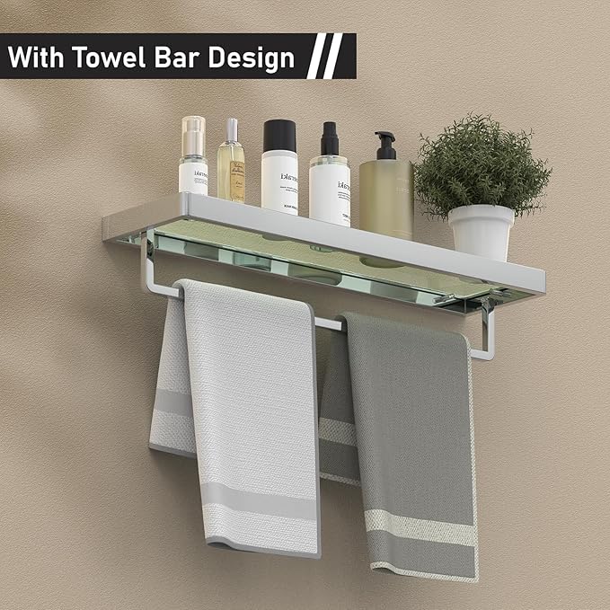 Bathroom Shelves Glass Bathroom Shelf with Towel Bar, Floating Shelves for Living Room/Study Room Tempered Glass Rectangular 1 Tier Organizer Wall Shelf (Chrome Polished, 20'')