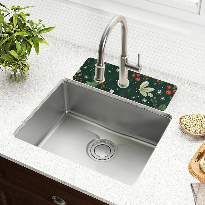 Christmas Green Berries Needles Kitchen Sink Splash Guard Faucet Mat Diatomite Absorbent Pad for Bathroom RV 14.7x5.4in 1PCS water
