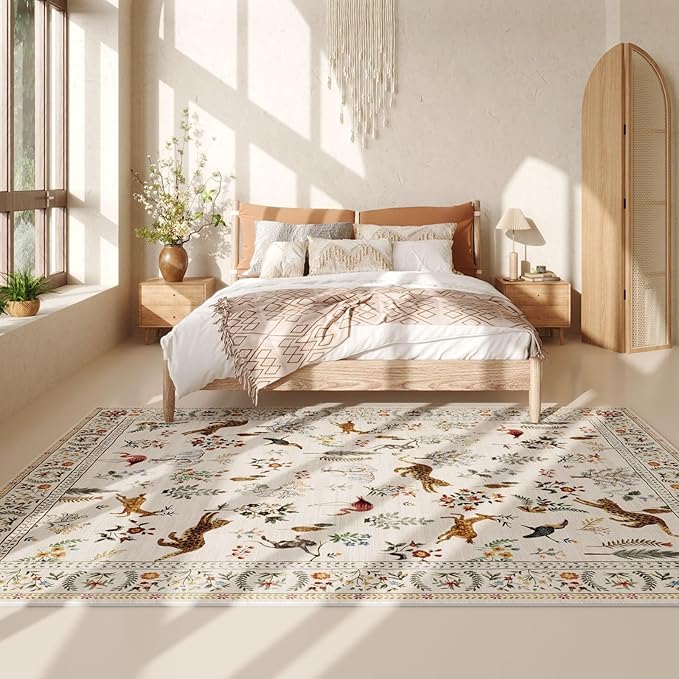 Rugcomf Area Rugs 8x10 Rug for Living Room Clearance Washable Boho Area Rug Non Slip Floral Animal Vintage Low Pile Large Rug for Living Room, Bedroom, Farmhouse, Dining Room, Kids Playroom (Beige)