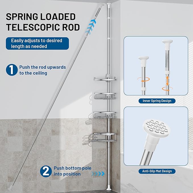 Corner Shower Caddy Tension Pole, 4 Tier Adjustable No Drill Rustproof Large Capacity Space-Saving Shower Shelves Organizer Storage Rack 45.29-119in for Bathroom Bathtub Family Renters, Chrome