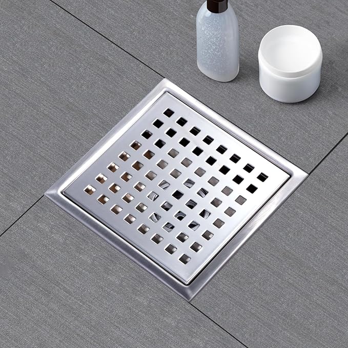 SaniteModar Shower Drain, 6 inch Shower Floor Square Drain with Flange, Removeable Grid Panel SUS 304 Stainless Steel Square Shower Drain, Silver
