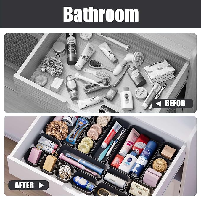 Plastic Drawer Organizers, 28 PCS Drawer Organizer Bins, Bathroom and Vanity Organizer Plastic Tray, Makeup organizer and storage for Makeup, Bedroom, Kitchen Gadgets Utensils and Office
