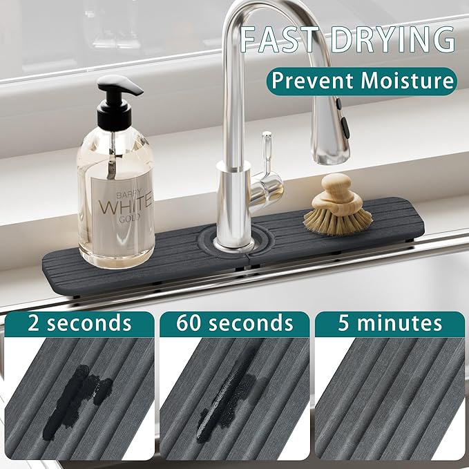 Faucet Mat for Kitchen Sink - 19.7 x 4inch Faucet Splash Guard for Bathroom Counter, Absorbent Diatomite Mat, Fast Drying Stone Sink Tray, Prevents Moisture Buildup, Dark Gray
