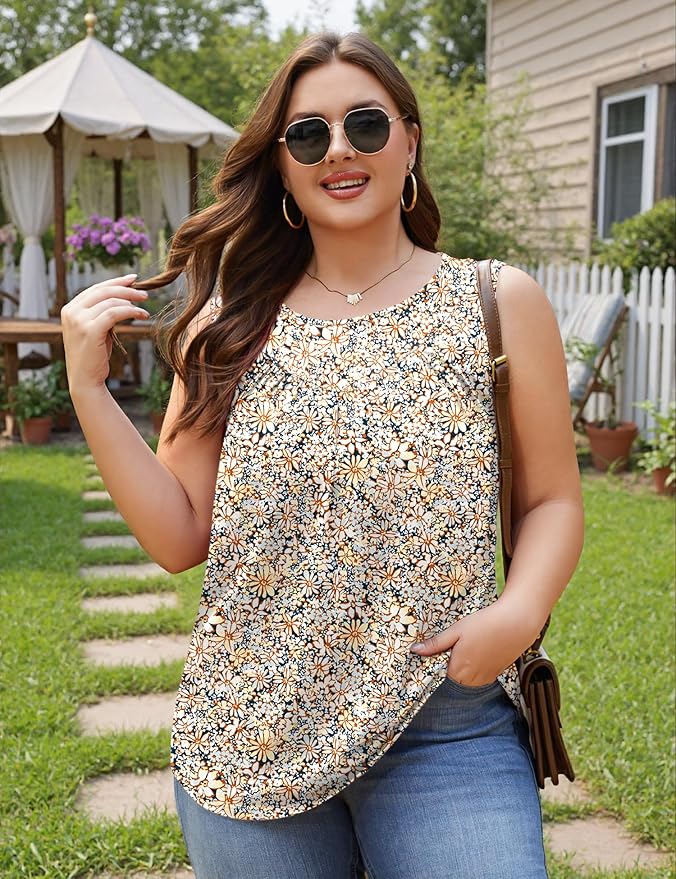 AKEWEI Womens Plus Size Tank Tops Ladies Sleeveless Summer Pleated Tops Oversized Flowy Tunics XL-5XL