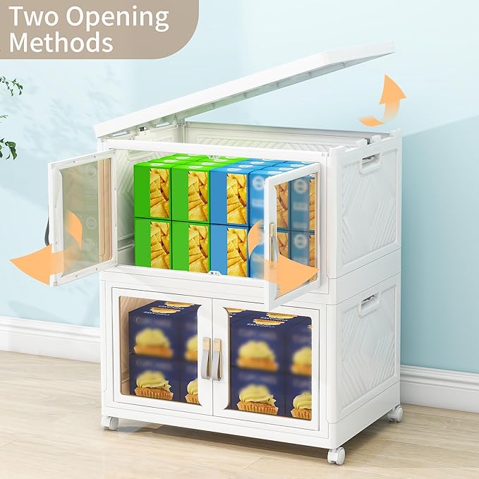 Large Clear Stackable Storage Bins with 2 Lids, 270QT-45QT*6Tier Foldable Cabinet for Closet Organizers, Plastic Storage Box with Wheels White