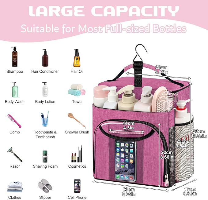 Attmu Mesh Shower Caddy Portable for Dorm College Essentials, Large Capacity Separate Compartment Hanging Toiletry Bag for College Student Camping Gym Travel Essentials (Pink)