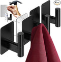 Adhesive Towel Hooks for Bathrooms, Set of 4 Black Self-Adhesive Robe Rack, Heavy Duty Hooks - Includes Backup Mounting Nails Black, No Drill Needed