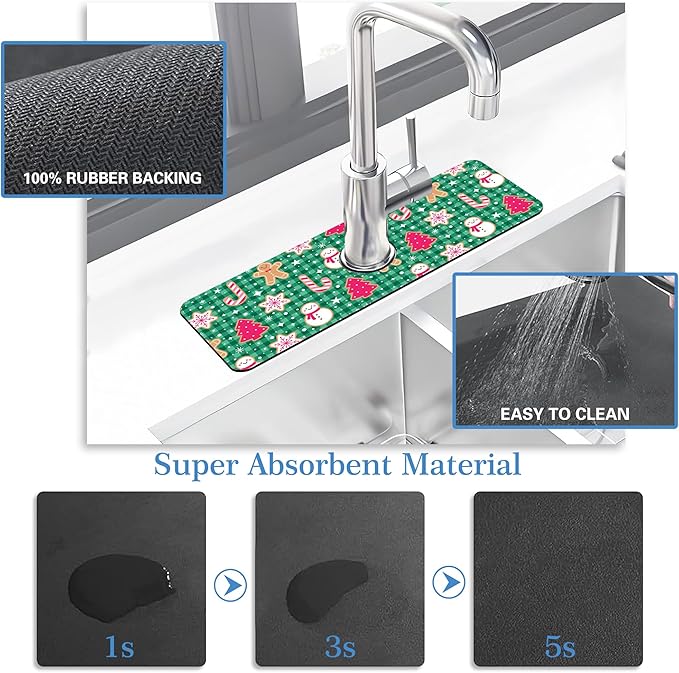 Ginger Man Faucet Mat for Kitchen Sink Snow Man Plaid Pattern, Soft Diatom Mud Material, Strong Water Absorption, Non-slip, Easy to Clean for Bathroom, Kitchen 15"X5.5"