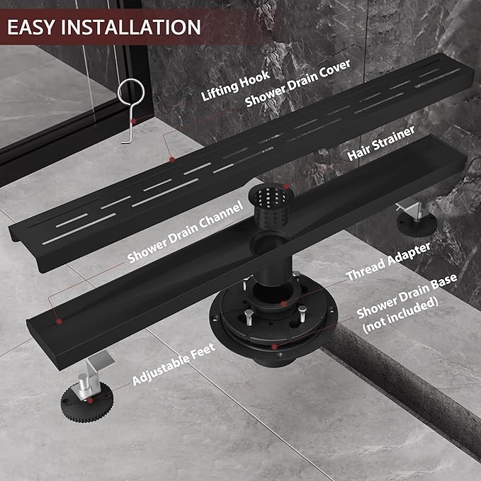 32 Inch Linear Shower Drain, Matte Black Shower Drain,Removable Grate, 304 Stainless Steel, Easy to Install and Clean for Bathrooms (Drain Base Not Included), LSD-01A-32B