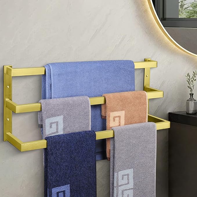 NearMoon Bathroom Towel Bar, Towel Rod Holder, Square Shelf Rack Hanging Towel for Bath, Thicken SUS304 Stainless Steel Towel Rack Wall Mounted-3-Tier Bath Accessories (24 Inch, Gold)