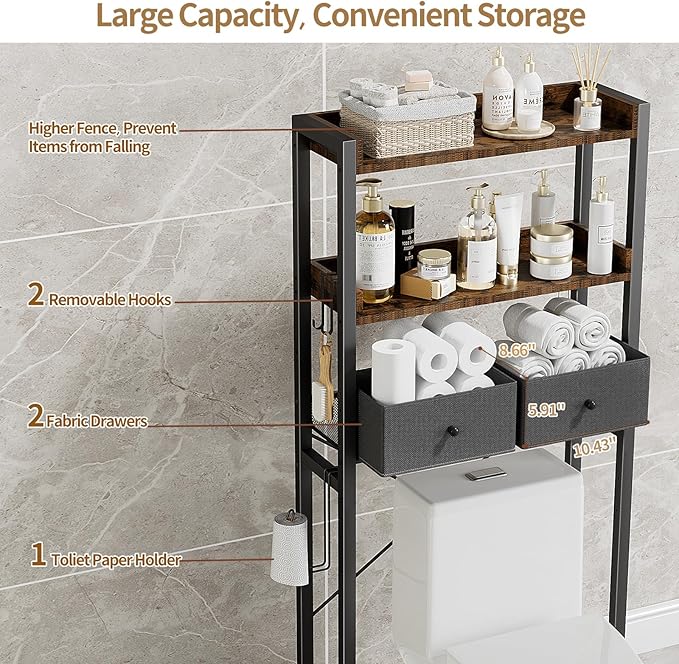 Housolution Over The Toilet Storage with 2 Drawers, 3 Tier Over Toilet Bathroom Organizer with Height Adjustable Shelves and Hooks, Space Saver Above Toilet for Bathroom/Restroom/Laundry, Black+Brown