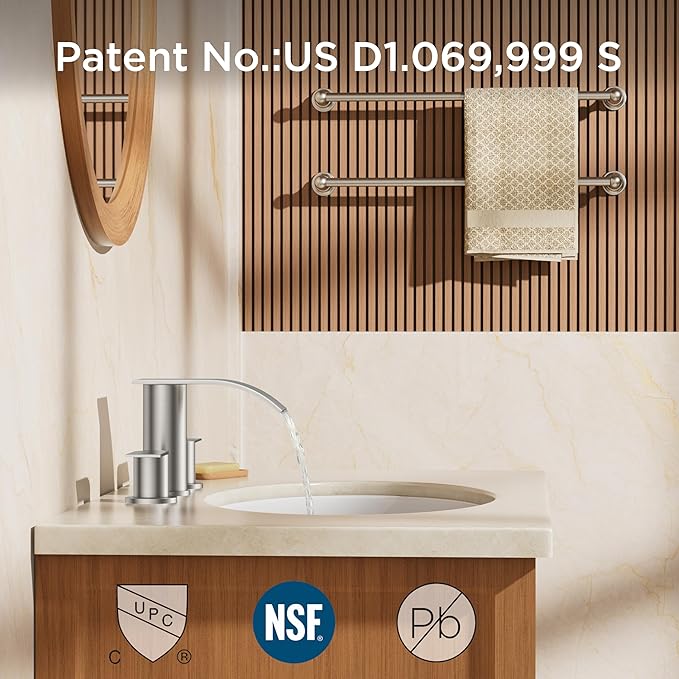 FORIOUS Upgrade Bathroom Faucets 3 Hole Brushed Nickel, Waterfall 8 Inch Widespread Bathroom Sink Faucet with Pop-up Drain and Supply Lines, Two Handles for Vanity, Farmhouse, School Restroom Sink
