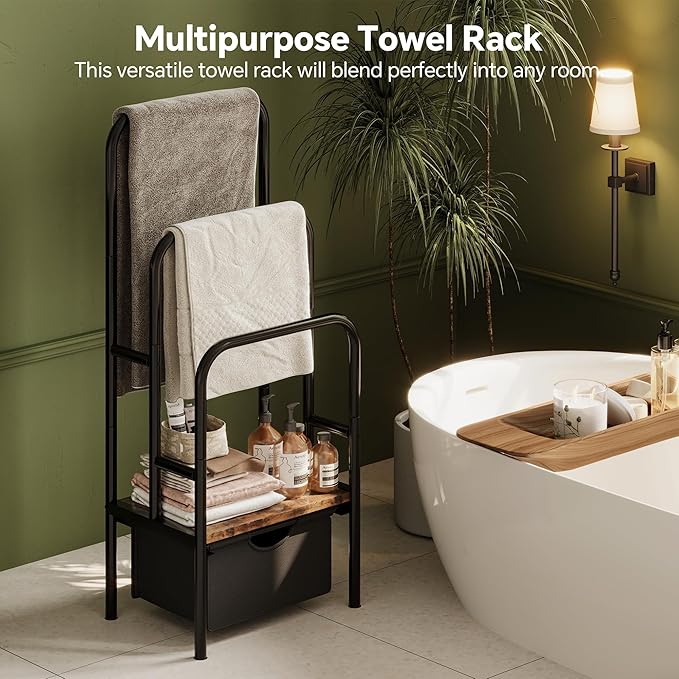 FreeStanding Towel Rack for Bathroom & Blanket Holder, 3-Tier Towel Drying Rack, 15.6" L x 11.8" W x 41.7" H, Blanket Ladder for Bedroom/Living Room,Rustic Brown