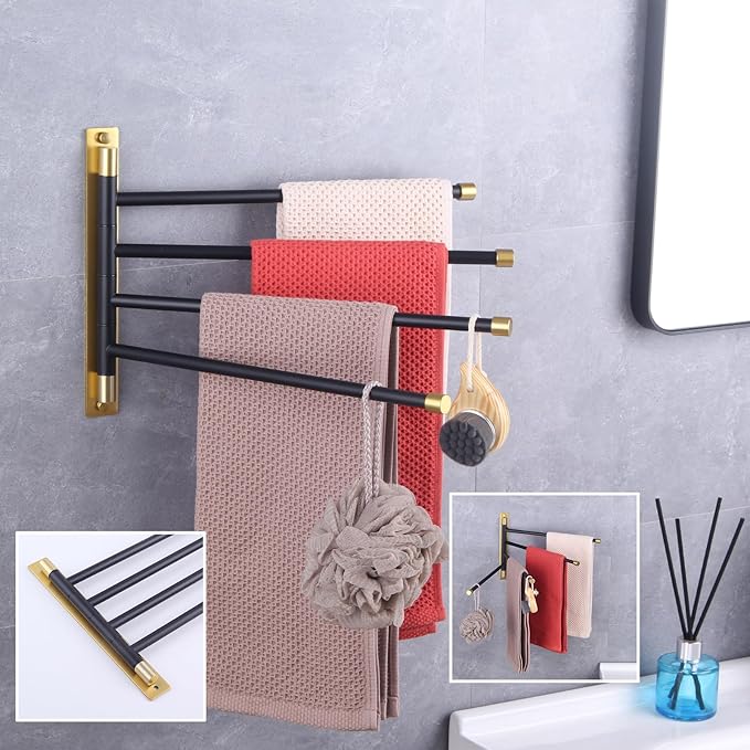 GERZWY Wall Mount Bath Towel Rack with 4 Arms Hanger Towel Holder Bathroom Swing Arm Towel Bars Organizer Stainless Steel (Black & Gold) HYG04-BD