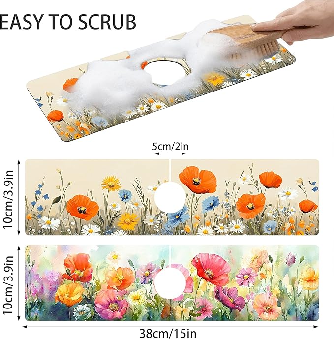 Bimkole 2 PCS Faucet Absorbent Mat, Kitchen Faucet Sink Splash Guard Wraparound Cloth Pads Drip Catcher for Sink Faucet for Kitchen Bathroom Faucet, Colorful Faucet Mat, 15 x 4 Inch Flower A5