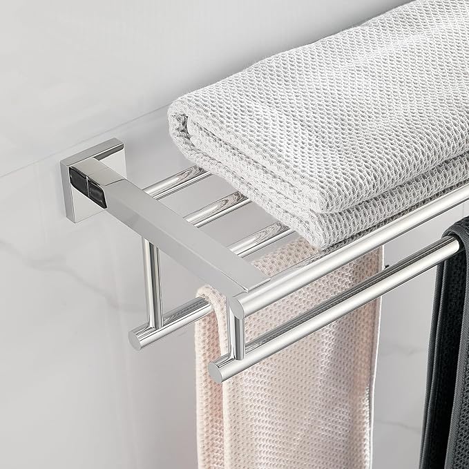 Bathroom Towel Rack with Double Towel Bar 32 Inch Bathroom Hotel Shower Shelf SUS304 Stainless Steel Modern Wall Mounted Holder Polished Chrome