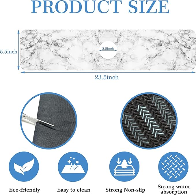 Faucet Mat for Kitchen Sink White Marble Texture, Soft Diatom Mud Material, Strong Water Absorption, Non-slip, Easy to Clean for Bathroom, Kitchen 23.5"X5.5"