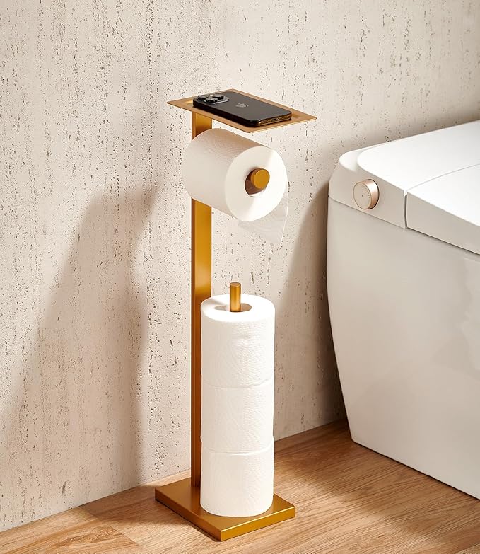Miyili Bathroom Lavatory Toilet Paper Holder with Shelf Stainless Steel Freestanding Toilet Tissue Roll Holder Square Style Gold, F04G2