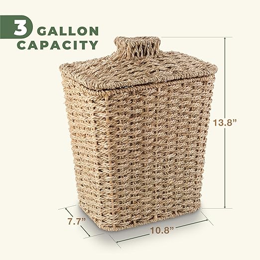 Wicker Trash Can with Lid and Liner - Rattan Trash Can for Bathroom - Decorative Wicker Waste Basket for Bedroom, Kitchen and Office (Natural Seagrass)