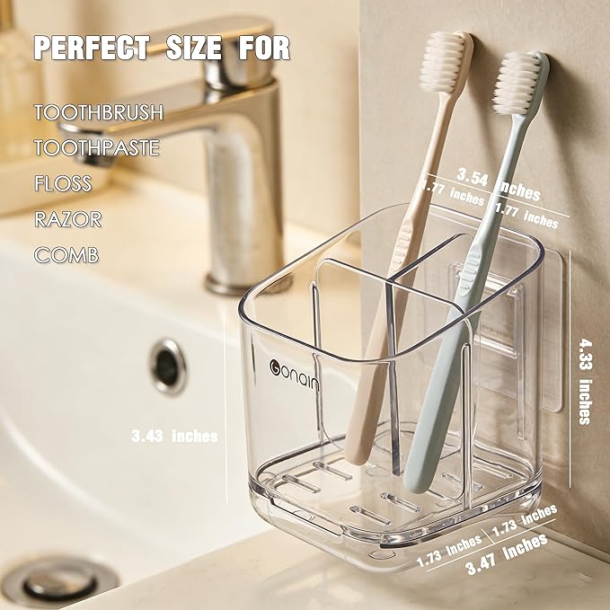 Toothbrush Holders for Bathroom - Detachable Divided Design, Drawer Drainage Tray, Adhesive Wall-Mounted/Countertop Dual-Use, Large Capacity Organizer for Bathroom/Kitchen/Office, Easy Install (Clear)