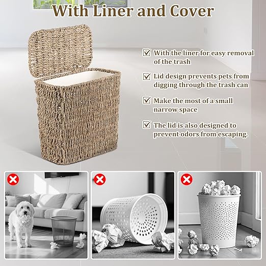 Wicker Waste Basket with Lid and Liner, Woven Seagrass Trash Can, Bathroom Trash Can, Boho Garbage Wastebasket for Bedroom Home Living Room Office Kitchen, 2.5 Gallon