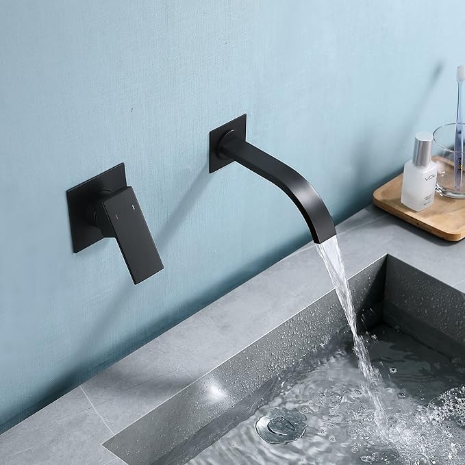 Wall Mount Faucet for Sink Matte Black Bathroom Faucet with Single Handle and Rough-in Valve