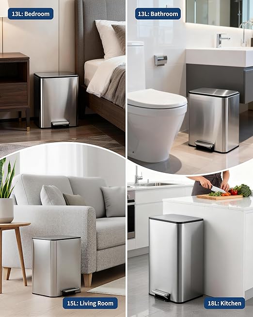 Garvee Space-Saving Office Trash Can, 4.8 Gallon Trash Can with Soft-Close Lid, Foot Pedal & Removable Inner Bucket, Rectangular Stainless Steel Garbage Can for Small Kitchen, Home, Garage, Silver