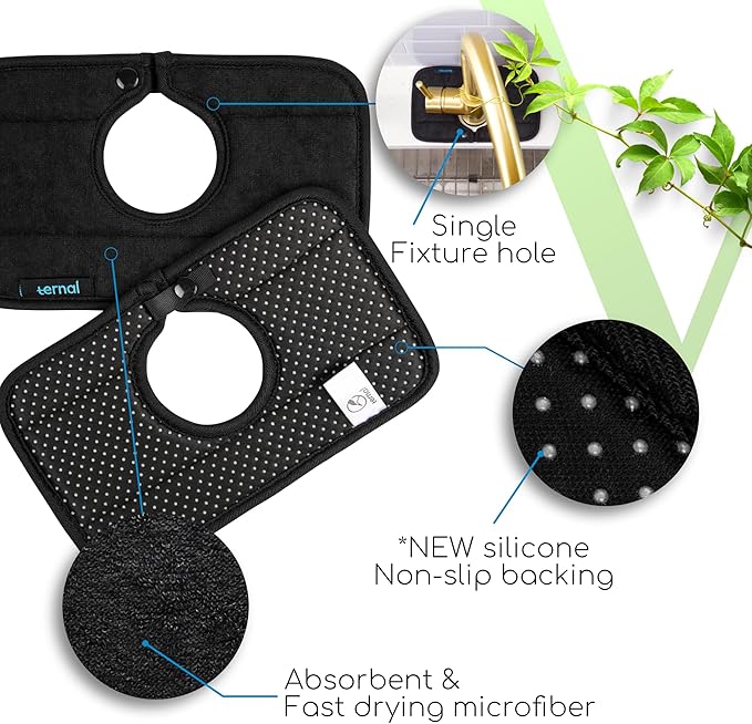 Ternal Sinkmat for Kitchen Faucet, Original Design, Absorbent Microfiber Fabric, Machine Washable Splash Guard & Drip Catcher For Around Faucet Handle [Black Bundle, 24",15" & 9"]