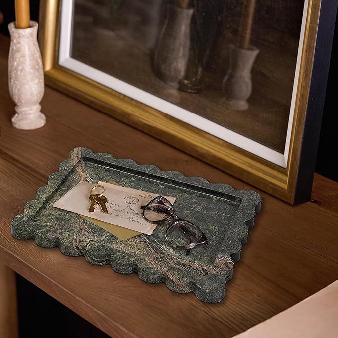 Prolee Scalloped Marble Tray,Marble Vanity Trays for Bathroom 12" x 9", Scalloped Tray,Wave Appearance Jewelry Home Decor Stone Trays for Kitchen Counter, Bathroom, Rainforest Green